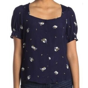 Elodie Navy Floral Print Square Neck Short Sleeve Button Front Top Womens Size S